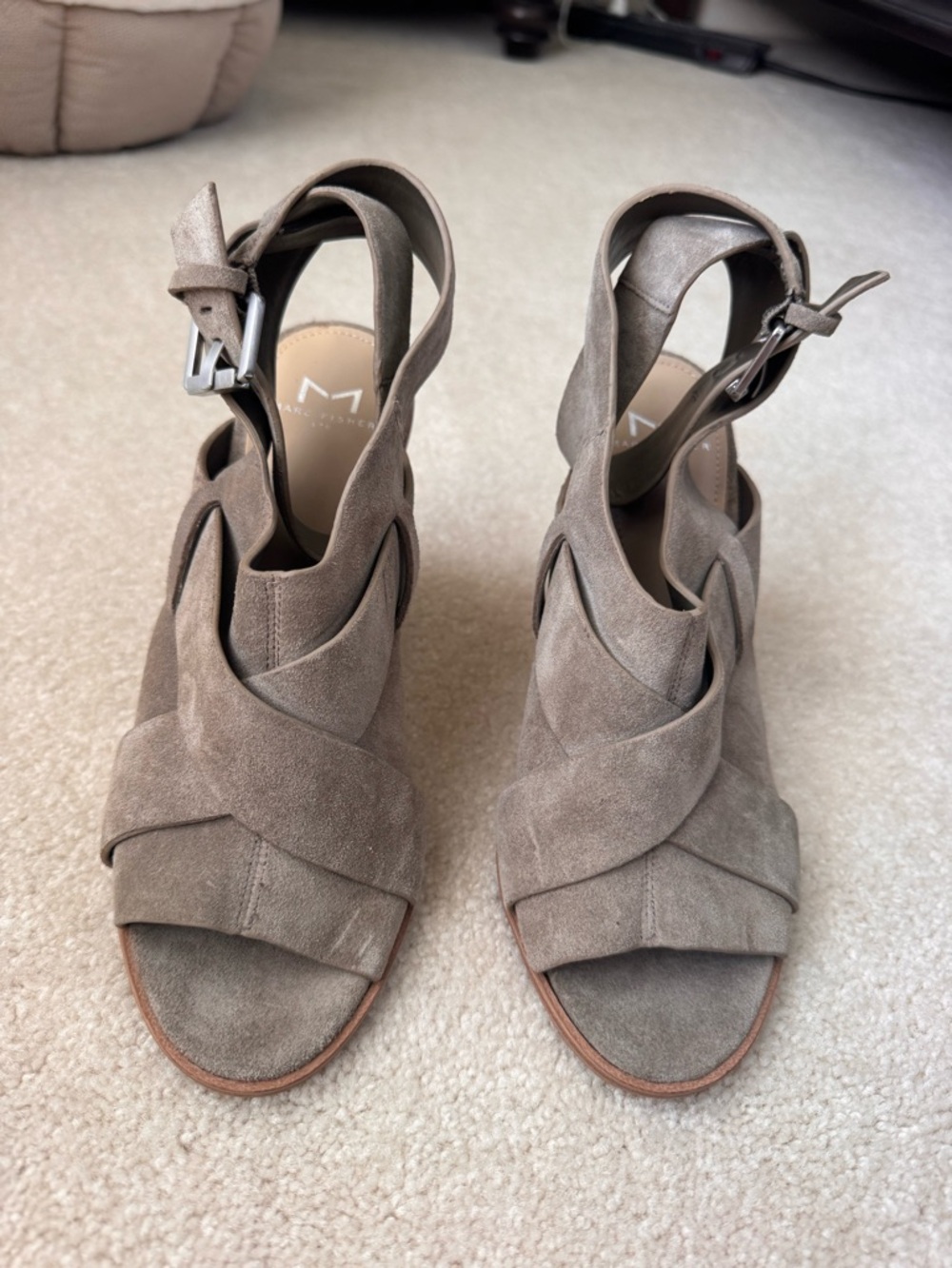 Marc Fisher Taupe Suede Crisscross Block Heel Sandals - Picture 3 of 5